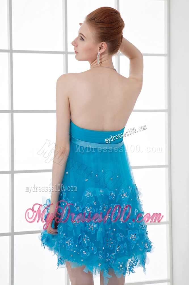 A-line Strapless Applique Organza Evening Dress with Beading and Ruching