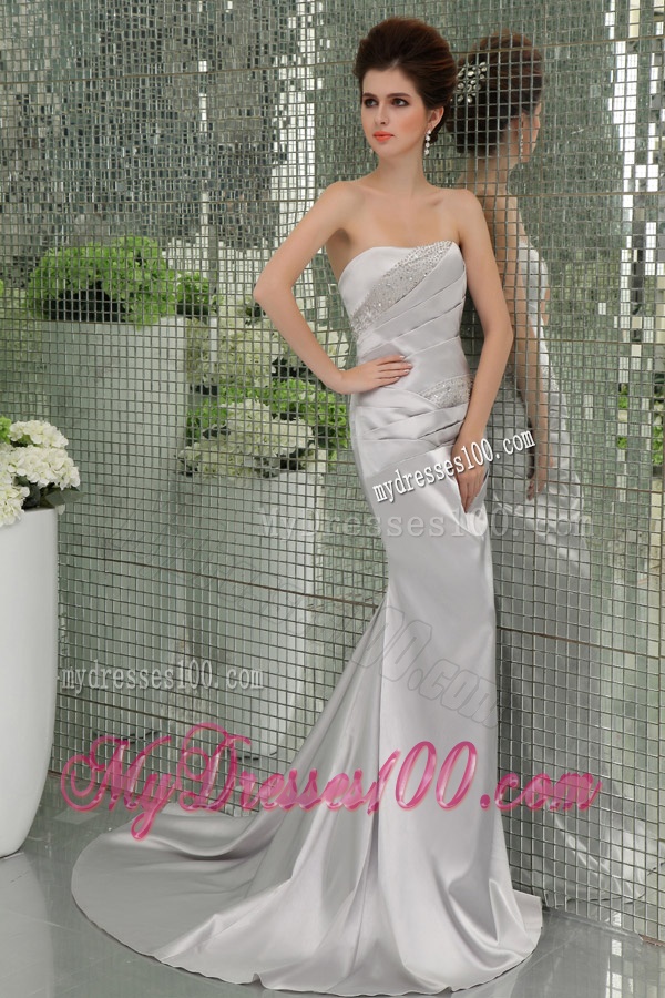A-line Strapless Sashes and Beadings Floor-length White Evening Dress