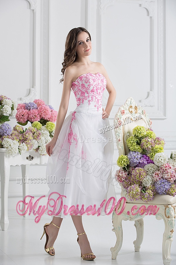 A-line Strapless White Organza Tea-length Evening Dress with Appliques