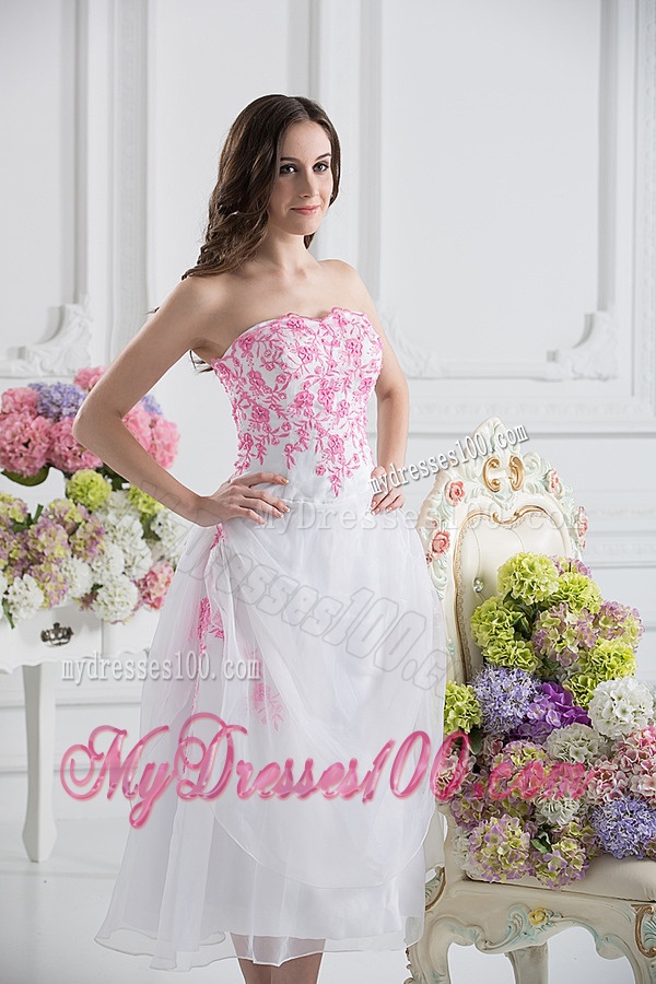 A-line Strapless White Organza Tea-length Evening Dress with Appliques