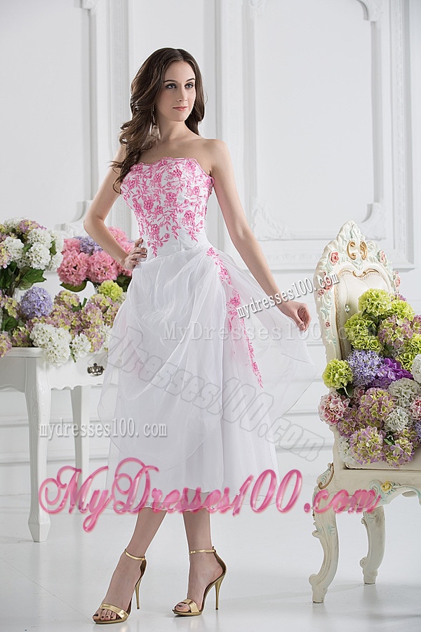 A-line Strapless White Organza Tea-length Evening Dress with Appliques