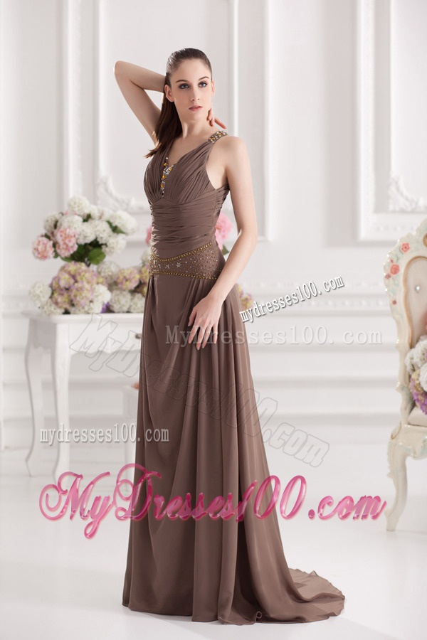 A-line Sweetheart Floor-length Beading Ruching Brown Evening Dress