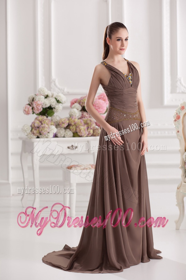A-line Sweetheart Floor-length Beading Ruching Brown Evening Dress
