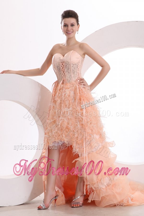 A-line Sweetheart Peach High-low Ruffles Organza Evening Dress with Lace Up