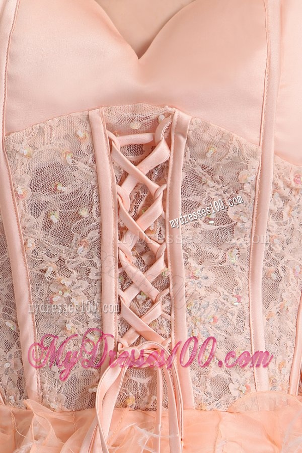 A-line Sweetheart Peach High-low Ruffles Organza Evening Dress with Lace Up