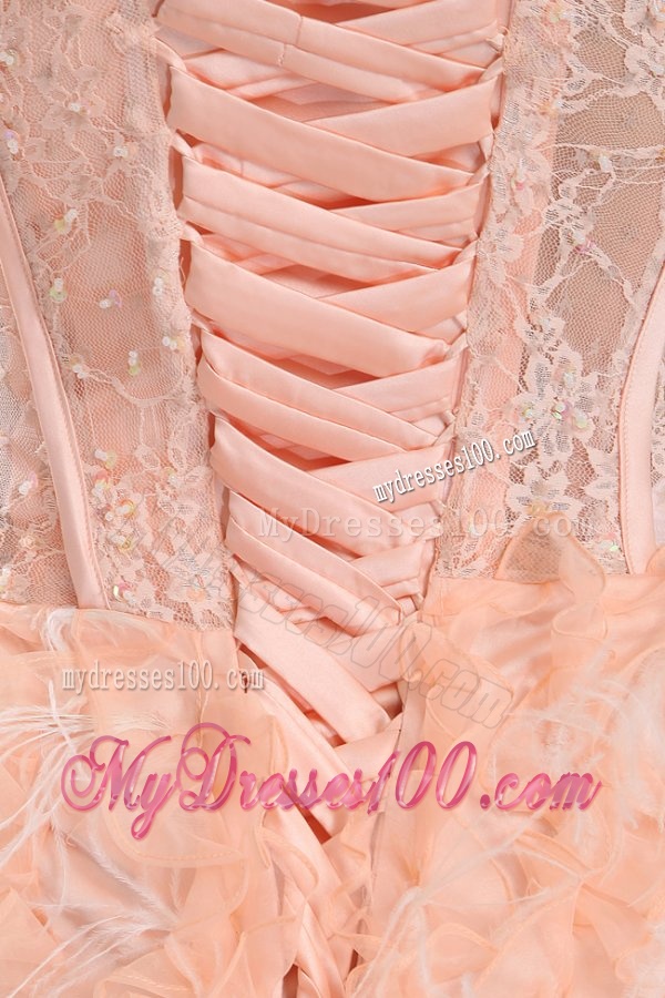 A-line Sweetheart Peach High-low Ruffles Organza Evening Dress with Lace Up