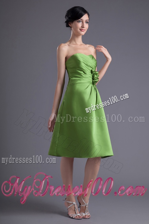 A-line Sweetheart Spring Green Ruching Hand Made Flower Evening Dress