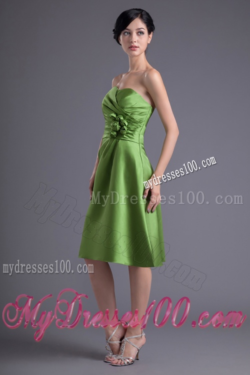 A-line Sweetheart Spring Green Ruching Hand Made Flower Evening Dress