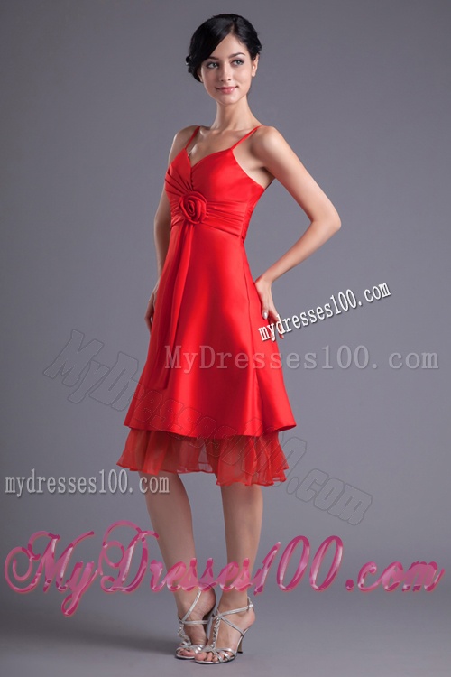 A-line Wine Red Spaghetti Straps Ruching Hand Made Flower Evening Dress