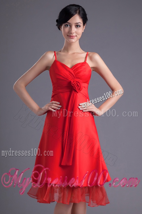 A-line Wine Red Spaghetti Straps Ruching Hand Made Flower Evening Dress