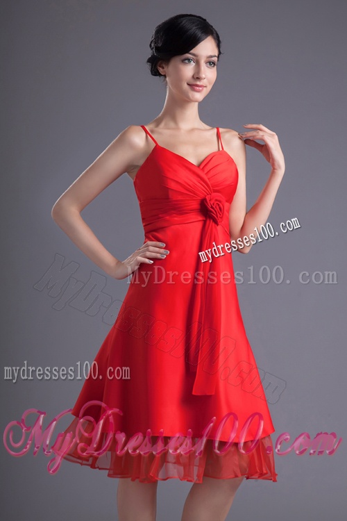 A-line Wine Red Spaghetti Straps Ruching Hand Made Flower Evening Dress