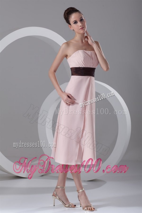 Affordable Empire Strapless Tea-length Chiffon Pink Belt Evening Dress