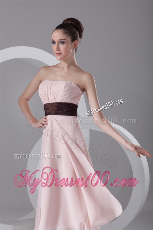 Affordable Empire Strapless Tea-length Chiffon Pink Belt Evening Dress