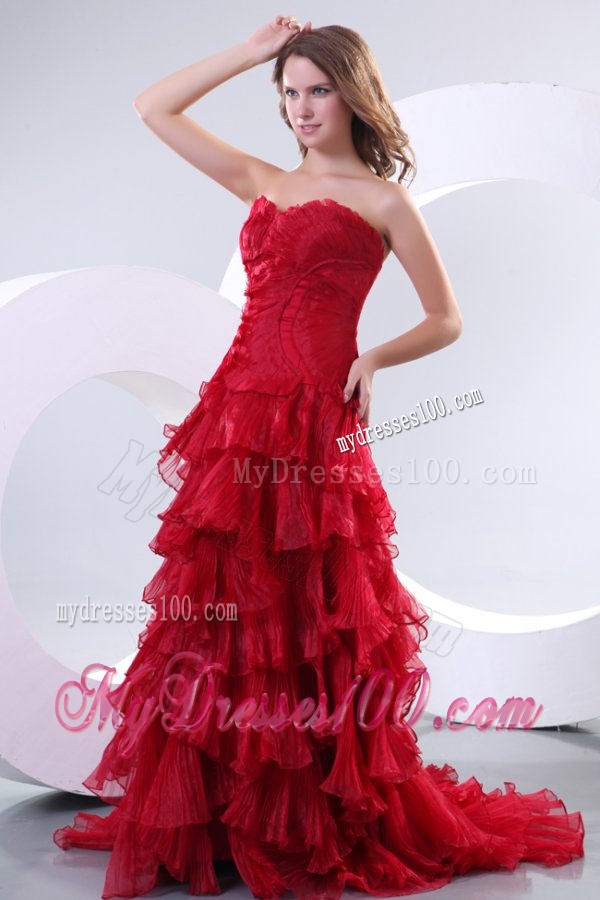 Affordable Princess Sweetheart Brush Train Organza Red Evening Dress
