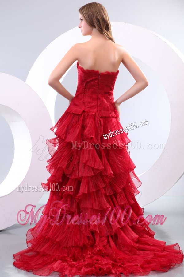 Affordable Princess Sweetheart Brush Train Organza Red Evening Dress