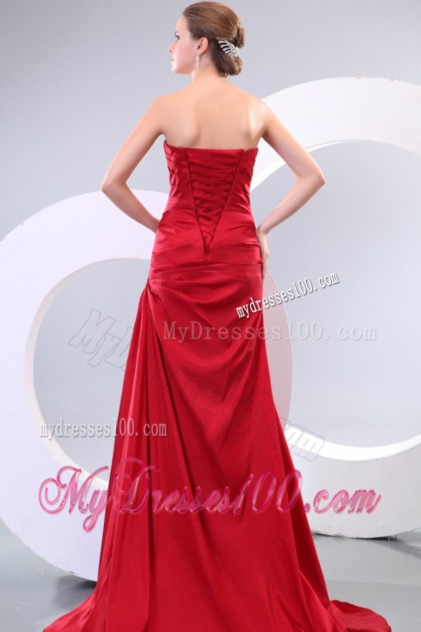 Affordable Red Column Sweetheart Brush Train Ruching Evening Dress with Lace Up
