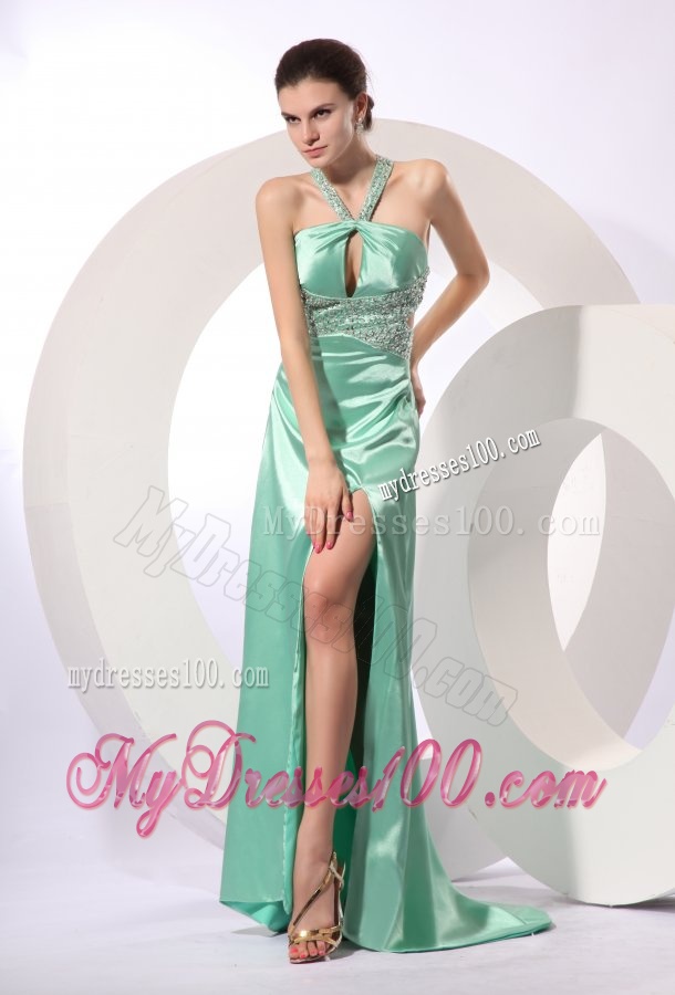 Apple Green Column Brush Train Beading Criss Cross Elastic Woven Satin Evening Dress with Halter Top