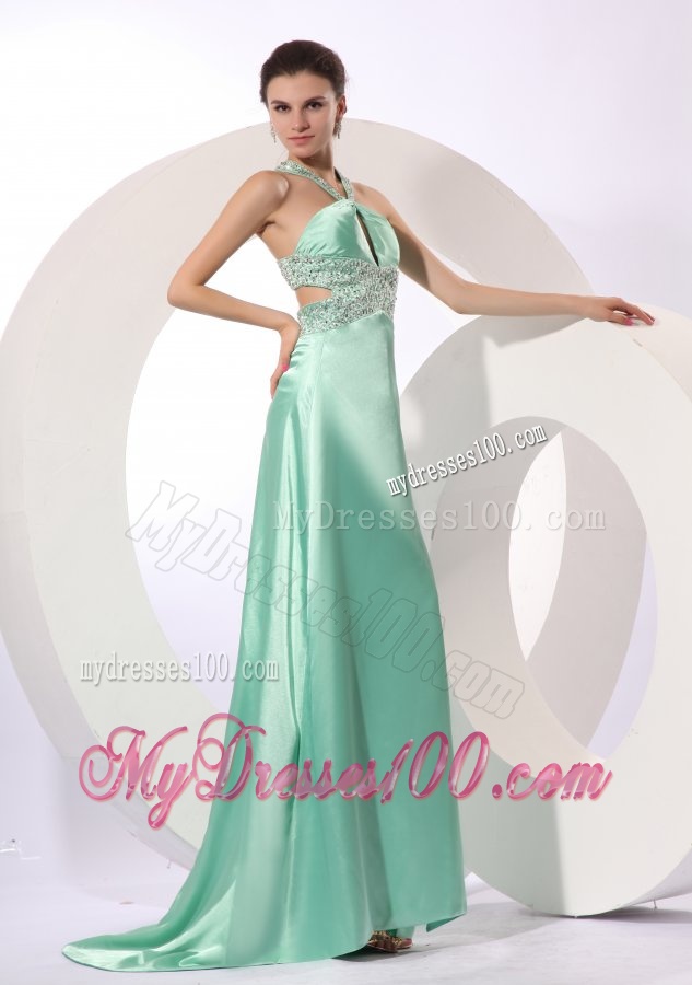 Apple Green Column Brush Train Beading Criss Cross Elastic Woven Satin Evening Dress with Halter Top