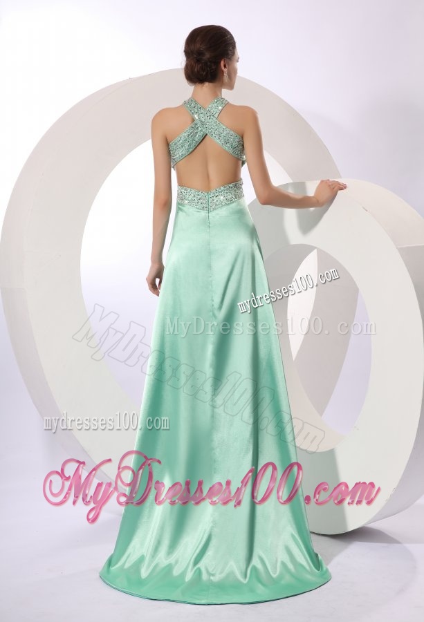 Apple Green Column Brush Train Beading Criss Cross Elastic Woven Satin Evening Dress with Halter Top