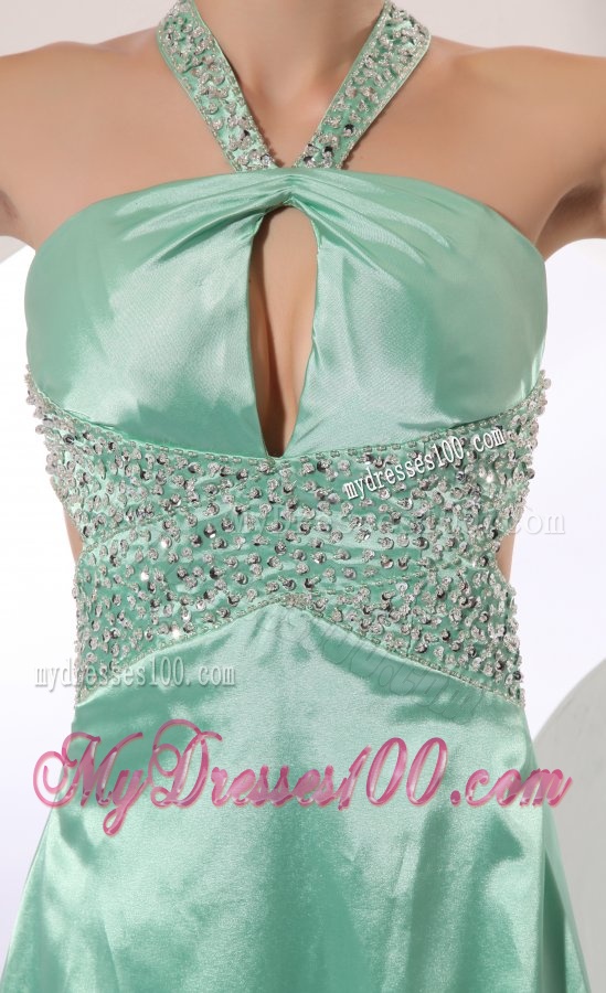 Apple Green Column Brush Train Beading Criss Cross Elastic Woven Satin Evening Dress with Halter Top