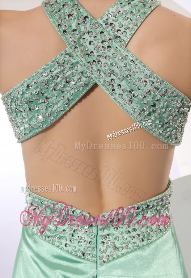 Apple Green Column Brush Train Beading Criss Cross Elastic Woven Satin Evening Dress with Halter Top