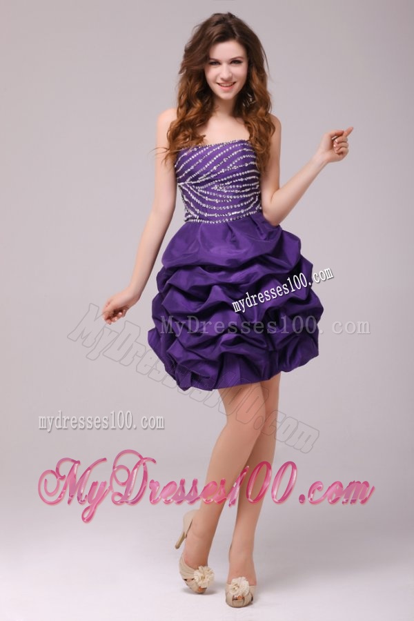 Beaded Purple Mini-length Taffeta Evening Dress with Pick-ups