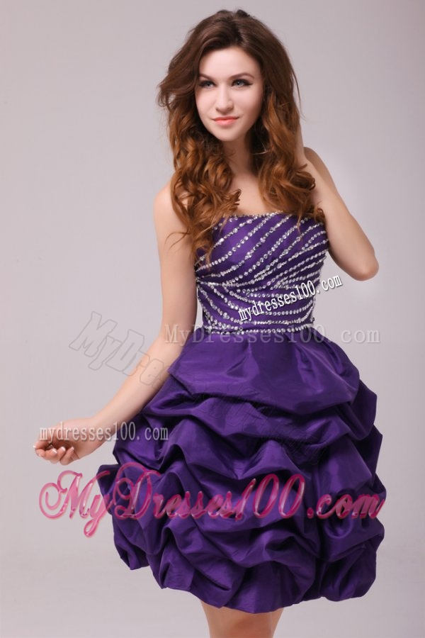 Beaded Purple Mini-length Taffeta Evening Dress with Pick-ups