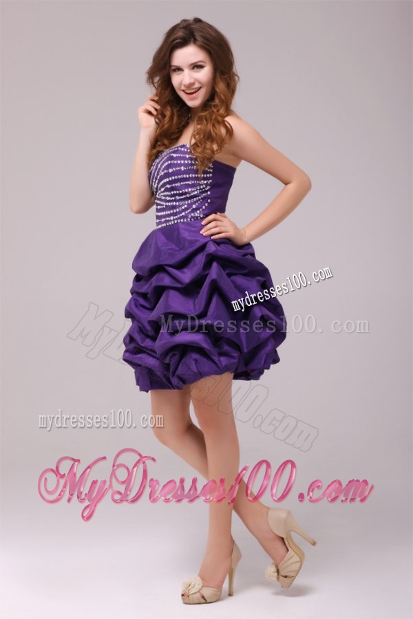 Beaded Purple Mini-length Taffeta Evening Dress with Pick-ups