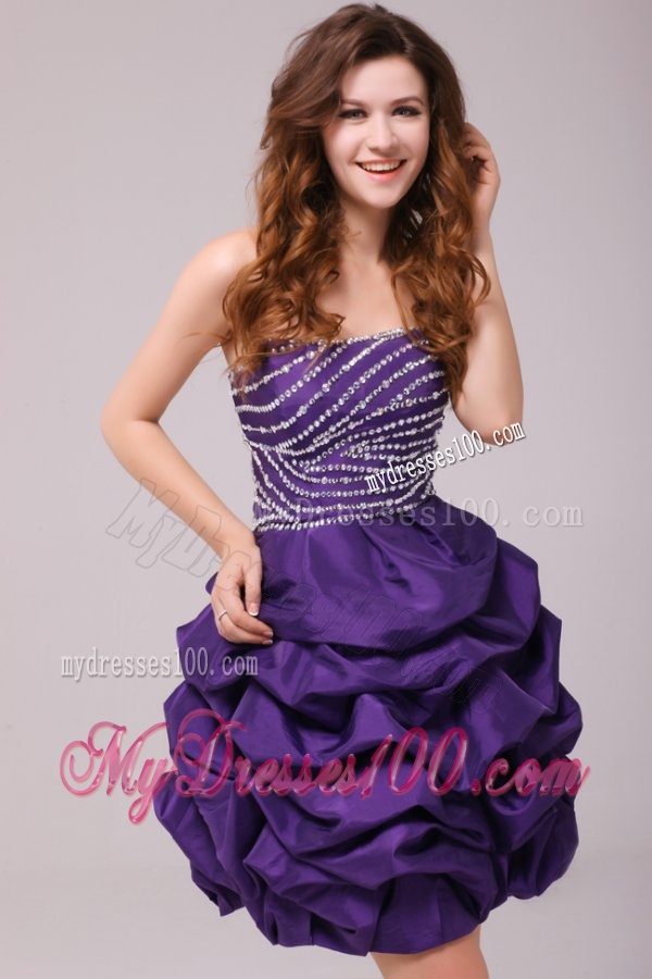 Beaded Purple Mini-length Taffeta Evening Dress with Pick-ups