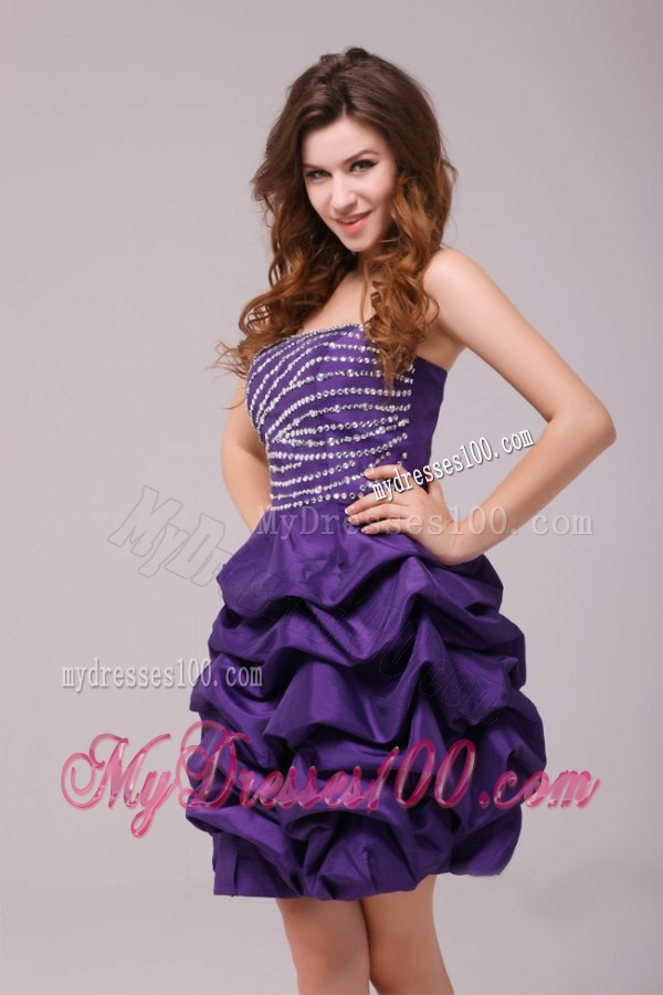Beaded Purple Mini-length Taffeta Evening Dress with Pick-ups