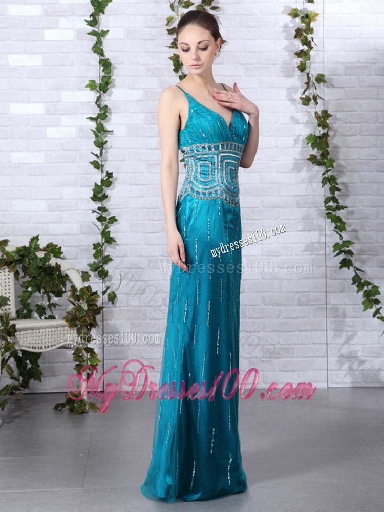 Beading Evening Dresses with Brush Train and Spaghetti Straps