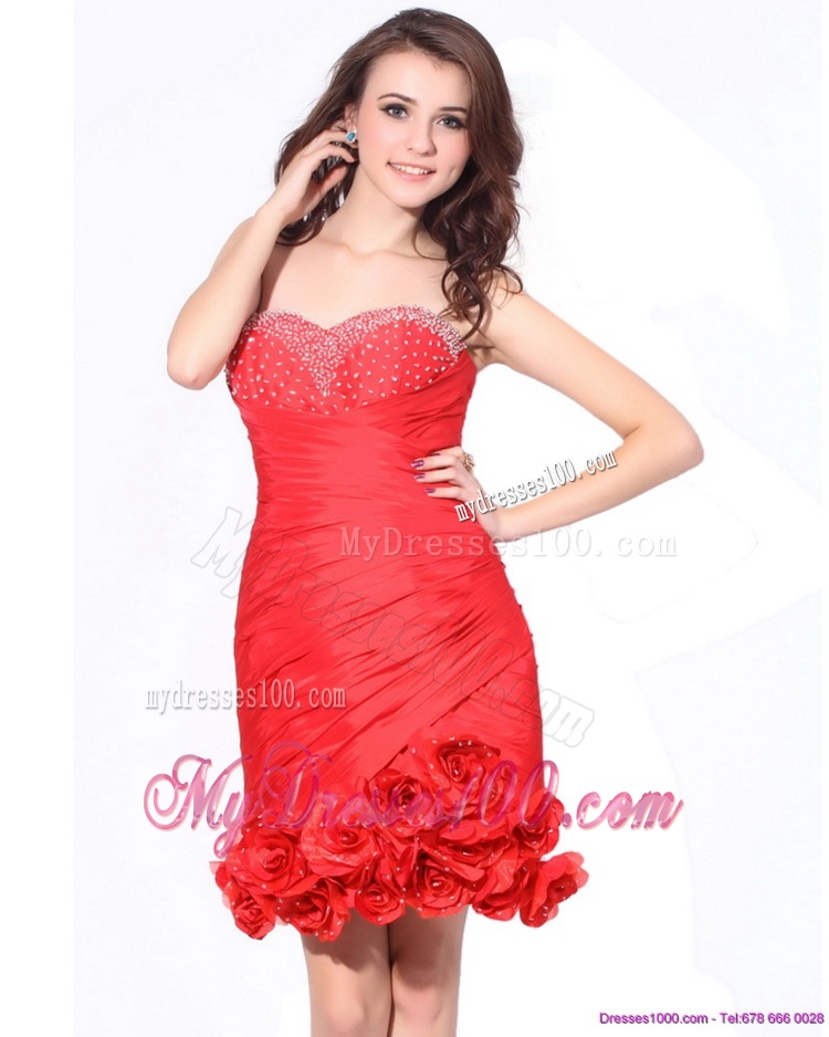 Beading Red Sweetheart Evening Dresses with Hand Made Flowers and Ruching