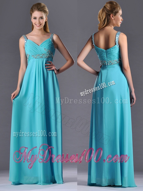 Beautiful Empire Aqua Blue Long Evening Dress with Beading and Ruching