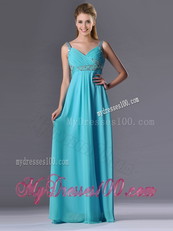Beautiful Empire Aqua Blue Long Evening Dress with Beading and Ruching