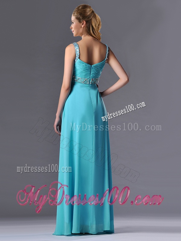 Beautiful Empire Aqua Blue Long Evening Dress with Beading and Ruching
