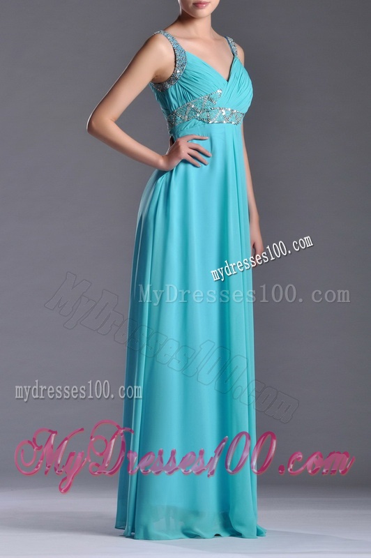 Beautiful Empire Aqua Blue Long Evening Dress with Beading and Ruching