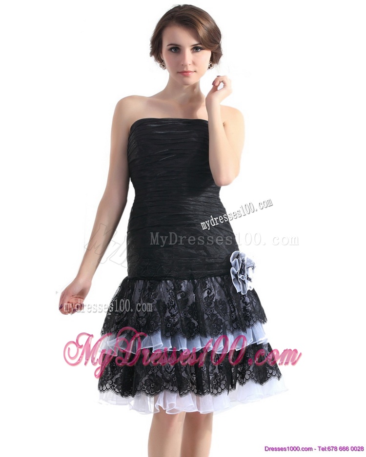 Black Short Evening Dresses with Ruching and Hand Made Flower