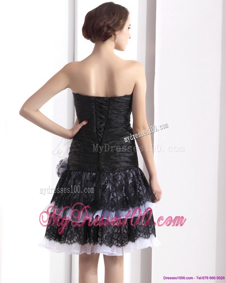 Black Short Evening Dresses with Ruching and Hand Made Flower
