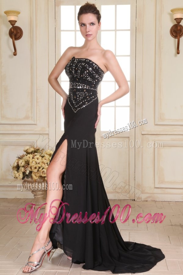 Black Strapless Beading and High Silt Empire Sweep Train Evening Dress