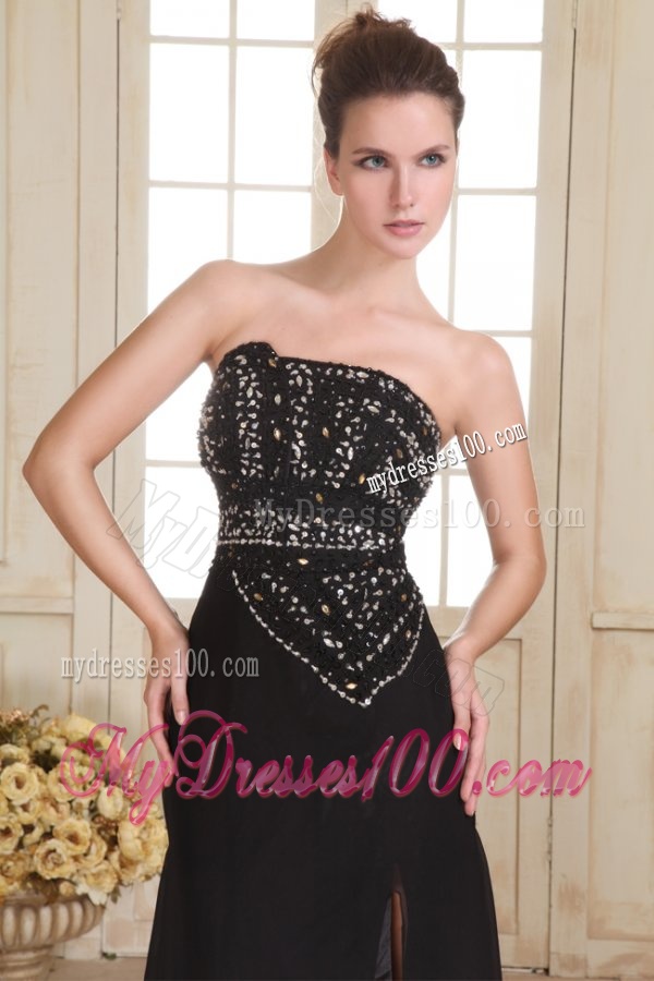 Black Strapless Beading and High Silt Empire Sweep Train Evening Dress