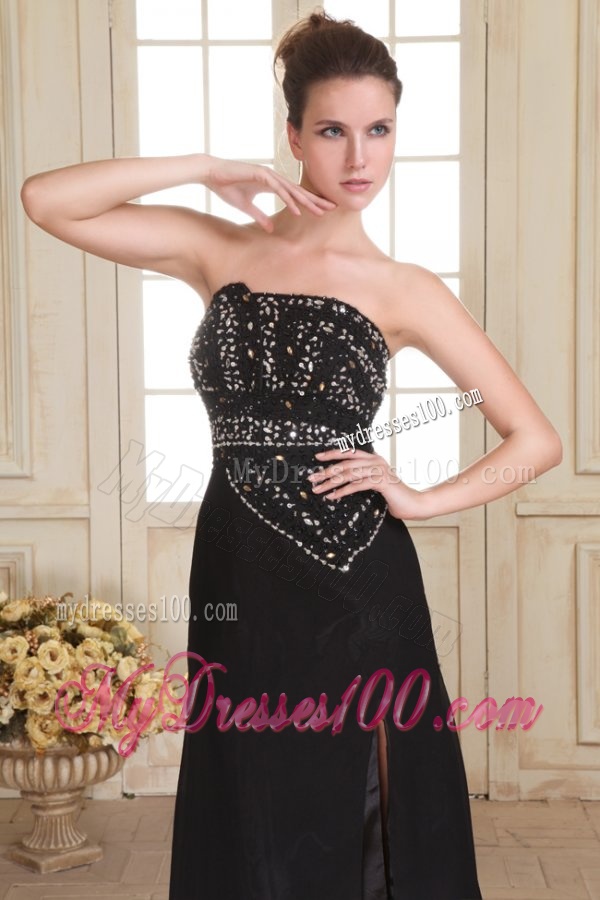 Black Strapless Beading and High Silt Empire Sweep Train Evening Dress