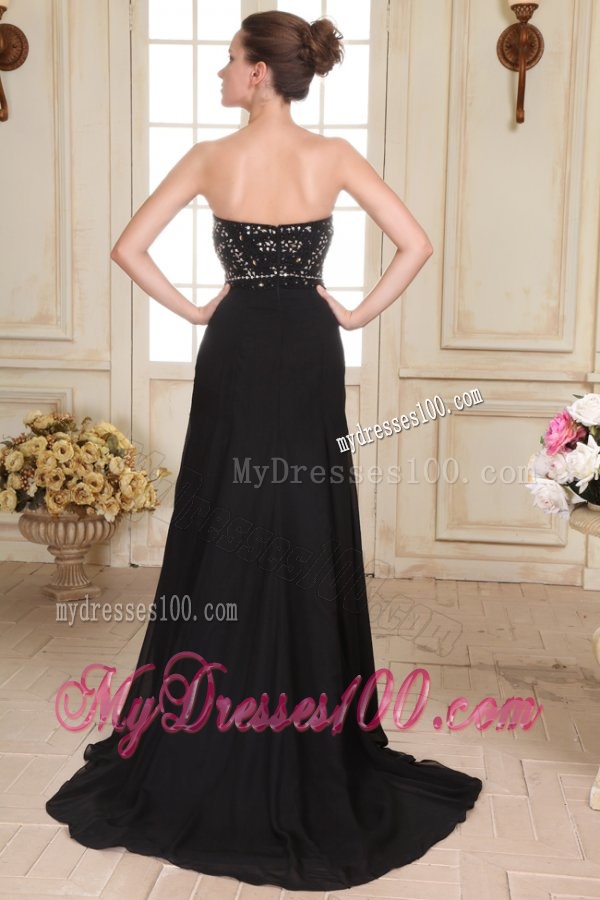 Black Strapless Beading and High Silt Empire Sweep Train Evening Dress
