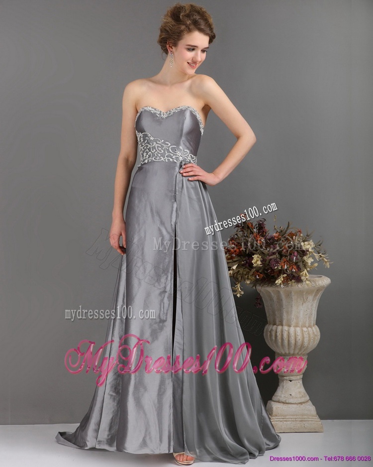 Brush Train Sliver Evening Dresses with Appliques and High Slit