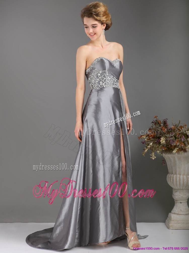 Brush Train Sliver Evening Dresses with Appliques and High Slit