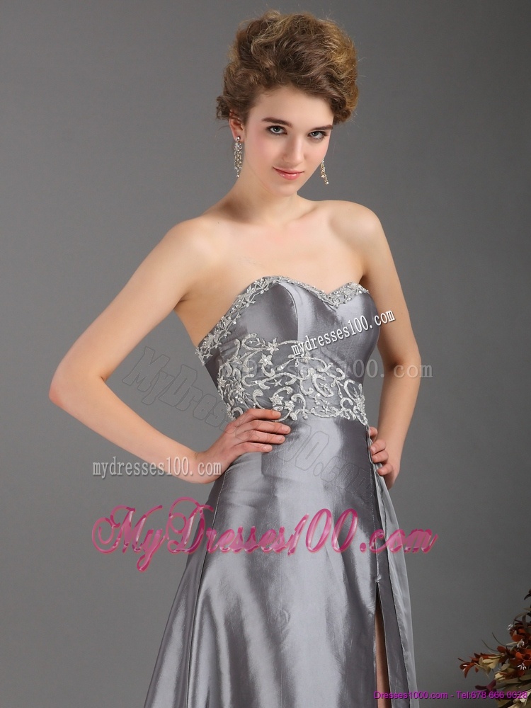 Brush Train Sliver Evening Dresses with Appliques and High Slit