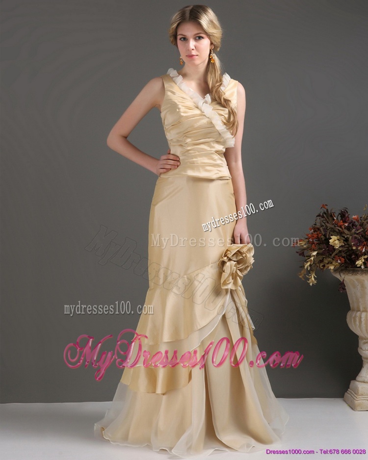 Champagne Long Evening Dresses with Ruffles and Hand Made Flower