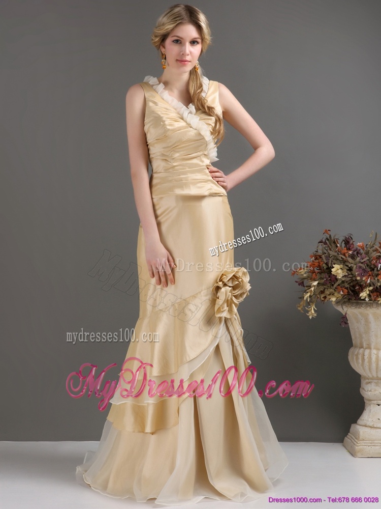 Champagne Long Evening Dresses with Ruffles and Hand Made Flower