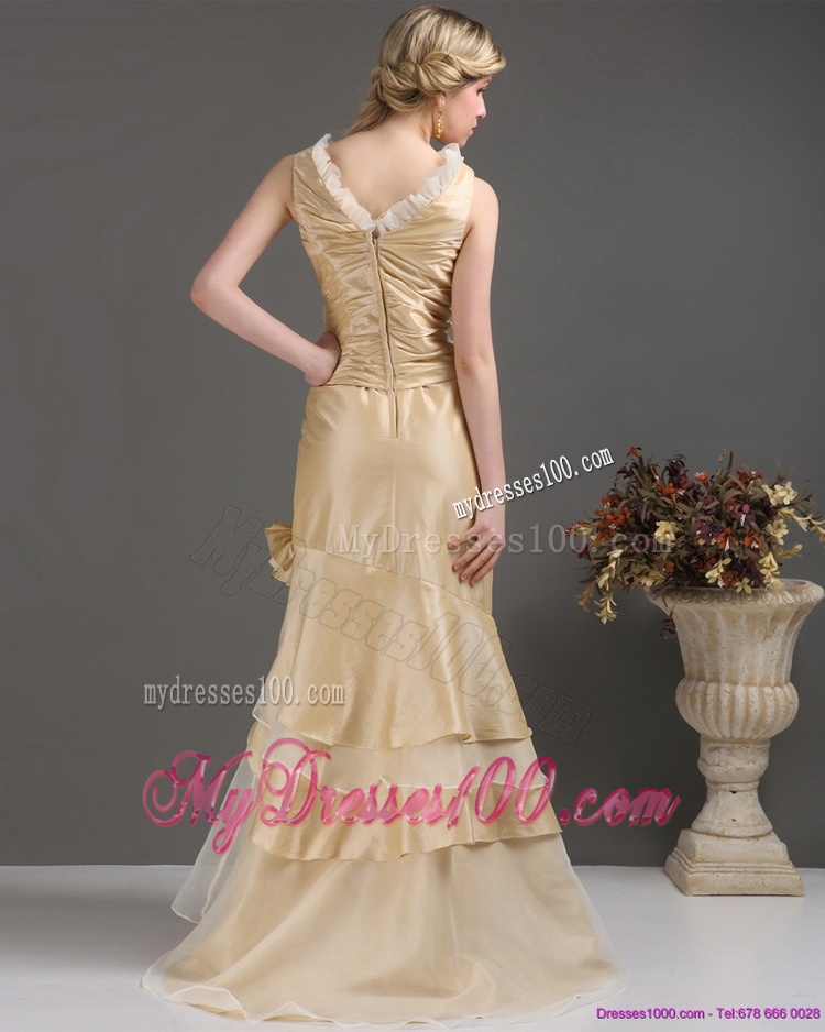 Champagne Long Evening Dresses with Ruffles and Hand Made Flower