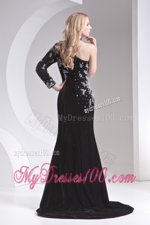 Column Black One Shoulder Beading High Slit Special Fabric Evening Dress