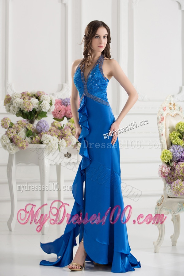 Column Blue Empire Halter Top Evening Dress with Beading and High Slit